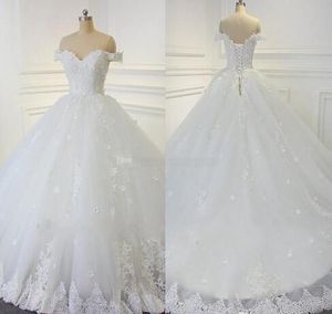 Amazing 3D Flowers Lace Ball Gown Wedding Dresses Off The Shoulder Short Sleeve Beaded Sequin Applique Lace-up Chapel Train Wedding Gowns