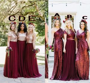 Borgonha incompatível lantejoulas tule longo vestido de dama de honra duas peças vestidos formais estilo country vestidos de festa de casamento feitos sob encomenda