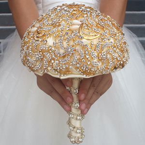 Artificial Wedding Bouquets Handmade Roses Flowers Gold Rhinestone Crystal Bridal Wedding Bouquet Bridesmaid Extravagant Wedding Accesories