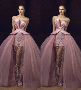 ゴージャスな真珠の幻想的なピンクのウエディングのドレスは取り外し可能なスカートの形式のビーズarbric 2018ロングパーティーのイブニングガウンのページェントドレスローブデ・ソイリー