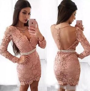 Sexy Blush Pink Lace Cocktail Dress Homecoming Dresses Jewel Long Sleeves Buttons Back Sheath Short Mini Length Formal Party Gowns