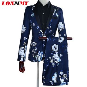 Lonmmy Düğün Erkekler Blazer İnce Fit Tide Lacivert Çiçek Baskı Moda Sıradan Takım Edin 2 Parça/Set Ceket +Pantolon Tasarımları