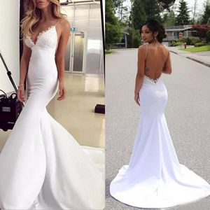 2018 Sexy Backless Mermaid Wedding Dresses Elegant Spaghetti Lace Chiffon Long Beach Garden Bridal Gowns Custom Made China EN1191