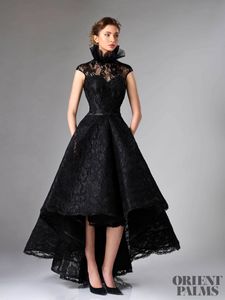 ポケットキャップスリーブフォーマルガウンパーティーとレースの高い首の高くノースリーブの幻想的な幻想的なドレスを持つセクシーな黒いウエディングのドレス