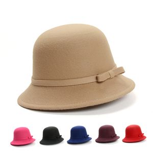 Mode kvinnor vinter hattar solid vanlig ullfilt bowler hattar retro kvinnlig fedoras elegant märke båge cloche hink hatt