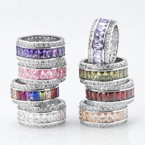 Size 6-10 Luxury Jewelry 925 Sterling Silver Princess Cut Multi Color CZ Diamond Amethyst Gemstones Women Wedding Circle Band Ring Gift