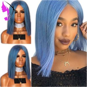 14inches Afrika Amerikanska Kvinnor Straight Short Wigs Blue Color Brazilian Full Lace Front Wig Natural Cosplay Syntetisk Hårvärmebeständig
