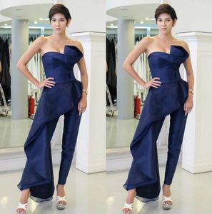 Fashion Royal Blue Pantsuit Prom -klänningar stropplösa med overskirt aftonklänningar Vestidos de Fiesta Organza Party Cocktail Dress252d