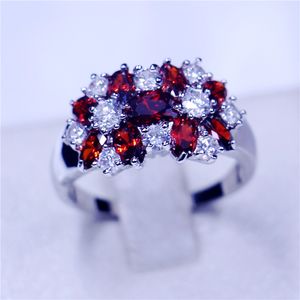 Clássico Jóias Anéis de Banda de Aniversário de Birthstone para as mulheres 5A Zircão Vermelho Cz 925 Sterling Silver Feminino Anel de Festa estilo Flor