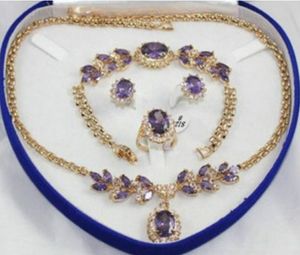 Yellow Gold GP Inlay Purple Crystal Necklace Bracelet Earring Ring 1set