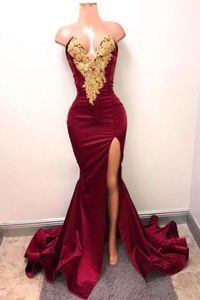 Amazing Gold Lace Mermaid Evening Prom Dress Cheap 2018 Long V neck Satin Wine Red Split Sexy Formal Pageant Party Dresses New