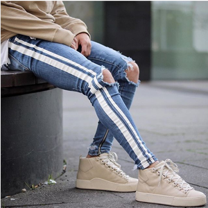 Calça jeans skinny rasgada masculina com bolsos e desbotada calça estilo street style listrada branca