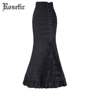 Rosetic Gothic Vintage Long Mermaid Skirt Asymmetric Floral Print Lace Patchwork Lace Up Luxury High Waist Goth Black Skirts