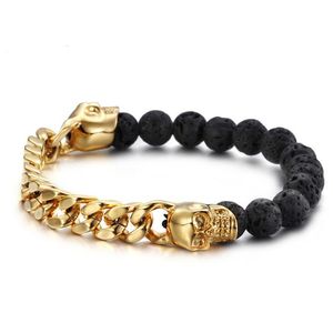 Punk Volcanic Stones With Gold Color Stainless Steel Skull Bracelets Bangles Curb Cuban Link Chain Bracelet Man Wristband