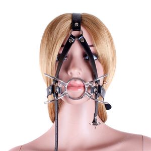 Metall spindel öppen mun o ring gag huvud sele mask i vuxna spel pu läder bondage begränsningar blowjob sexleksaker för par