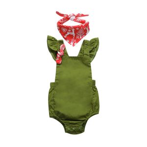 2018 Estate Vestiti per bambini Neonata Neonata Verde militare Manica a mosca Indietro Pagliaccetto incrociato Tuta con sciarpa Abbigliamento per bambini Tuta corta 0-24M