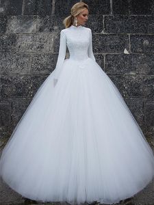 Gorgeous Ball Gown Wedding Dresses High Collar Floor Length White Tulle Muslim Wedding Gowns Long Sleeve Lace Bridal Dress