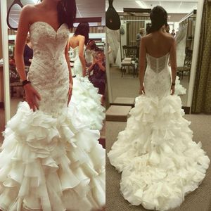 Wspaniały 2018 Ivory Organza Ruffle Losted Syrenki Suknie Ślubne Luksusowe Frezowanie Długie Suknie Ślubne Custom Made z China EN2077