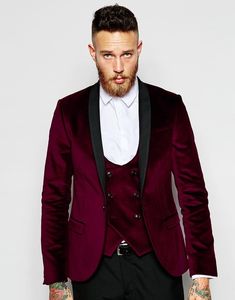 Popularne Design Groom Tuxedos One Button Dark Red Velvet Szal Lapel Groomsmen Najlepszy człowiek Garnitury Męskie Garnitury (Kurtka + Spodnie + Kamizelka + Krawat) J493