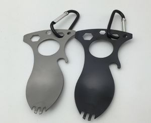 50pcs/lot Multi functional Pocket Spoon Fork Wrench Bottle Opener Carabiner Kit Camping Hiking Tool Outdoor Tableware