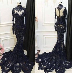 2018 Luksusowe pełne koronki czarne szlachetne suknie wieczorowe z długim rękawem wysokiej szyi złudzenie z tyłu zamiatje pociąg syrenka balu sukienki wieczorowe
