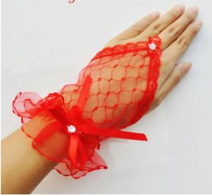 Gratis frakt Red / Black / White Lace Bröllopshandskar Fingerless Bridal Gloves Vackra handskar Billiga bröllopstillbehör för brud