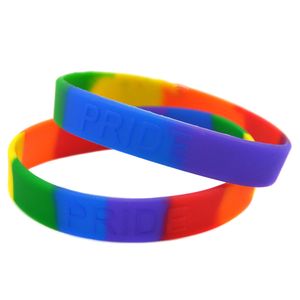 OneBandAhouse 50 pçs / lote cor arco-íris em relevo orgulho de silicone pulseira pulseira