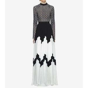 2022 moda maniche lunghe abito da sera in pizzo ricamato pieghettato cavo formale in bianco e nero in chiffon abito da ballo maxi con spacco