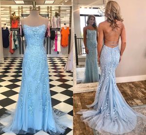 Light Sky Blue Lace Mermaid Prom Dresses Spaghetti Straps Appliques Tulle Floor Length Backless Evening Gowns Formal Dresses