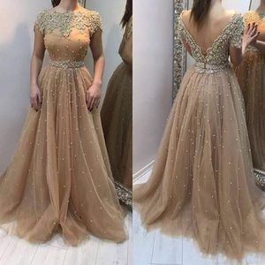 Evening New Champagne Dresses Wear Short Sleeves Deep V Back Tulle Beaded Pearls Arabic Floor Length Plus Size Prom Dress Party Gowns