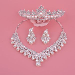 Bride Crystal Pearl Costume jewelry sets New Design Rhinestone Choker Necklace Earrings Tiara Bridal Women Wedding Jewelry Set