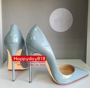 Free shipping fashion women pumps Blue grey patent leather point toe high heels thin heel shoes genuine leather 120mm 100mm real photo