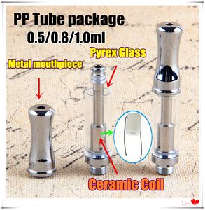 Glass Thick Oil Vape Atomizers Cartridges Wickless Ceramic Coils Empty Pen .5 .8 1 ml 510 Thread Cartridge Metal Tip PP Tube Packaging