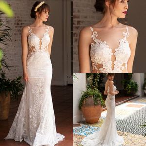 Naama Anat 2019 Vestidos de Noiva Renda Transparente Decote Apliques Estilo Sereia Vestido de Noiva Charmoso Sem Costas Vestidos de Noiva