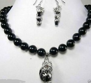 Moda bonita 10mm preto Natural dragão brinco pingente Conjunto colar NEW-Noiva jóias frete grátis