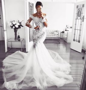 D Abiti da sposa eleganti a sirena floreale Collo trasparente Appliques in pizzo Tulle Taglie forti Maniche lunghe Abiti da sposa economici Illusion Back