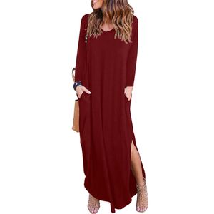 Kvinnor Klänning 2019 Höst Casual Loose Maxi Long Party Klänningar Sexig Tunn V Neck Långärmad Split Cotton Vestidos Plus Storlek