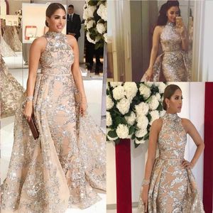 Dubai Shining Prom Dresses Saudi Arabia Sequined Appliques Mermaid Evening Gowns With Overskits Sweep Train Bridal Vestidos Custom Made