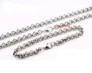 6mm/8mm Wide choose Stainless Steel Silver round rolo chain link Chain Necklace & Bracelet Mens women Trendy Jewelry Set