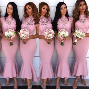 Gorgeous Pink Mermaid Bridesmaid Dresses Lace And Satin Tea Length Maid Of Honor Gowns For Wedding Sheer Neck Fishtail Bridesmaid Dress