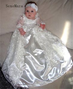 Heirloom baptism dress Baby Girls Royal christening gown Floor Lengthwith Headpiece Stone Belt