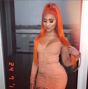 150% Density 13x4 frontal Wig Silky Straight orange colored with Baby Hair Around Glueless Virgin Human Hair