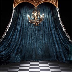 8x12ft Steel Blue Curtain Drape Wedding Photo Background Indoor Chandelier Candles White Black Tiled Floors Studio Backdrops Photography