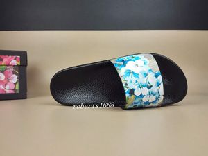 Mens e womens fashion Assinatura flor padrão floral impressão de couro slip-on sandálias de slides com caixa e sacos de pó