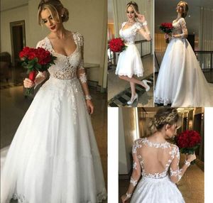 Trendy Lace Long Sleeve Illusion Wedding Dresses V-NeckDetachable skirt Bride Arabic Plus Size Saudi African Bridal Gowns Ball Formal Custom