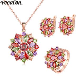 Vecalon New Flower Style Mutil colors 5A Zircon Cz Rose Gold Filled Necklace Earringe ring Jewelry set for women