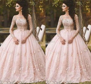 Gorgeous Pink Beautiful Ball Gown prom Dresses Sheer Long Sleeve Puffy Organza floor length Formal Arabic Evening Dress 3d Floral lace dubai