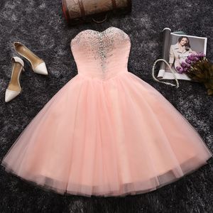Pink Homecoming Dresses Short Party Dresses Pleats Tulle Ball Gown Prom Dresses Shining Sequins Beads Lace-up Back Black Prom Dress Cheap
