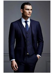 Handsome Groomsmen Peak Lapel Groom Tuxedos Navy Blue Men Suits Wedding/Prom Best Man Blazer/Bridegroom(Jacket+Pants+Vest+Tie)M653