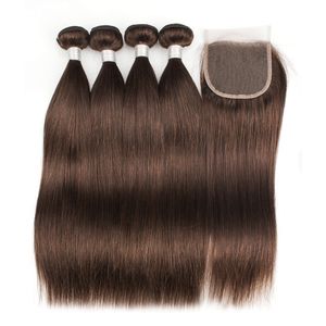 Kisshair 4 pacotes com 4 * 4 cor de fechamento de renda # 4 marrom escuro brasileiro brasileiro retas virgens de cabelo tecer pacotes
